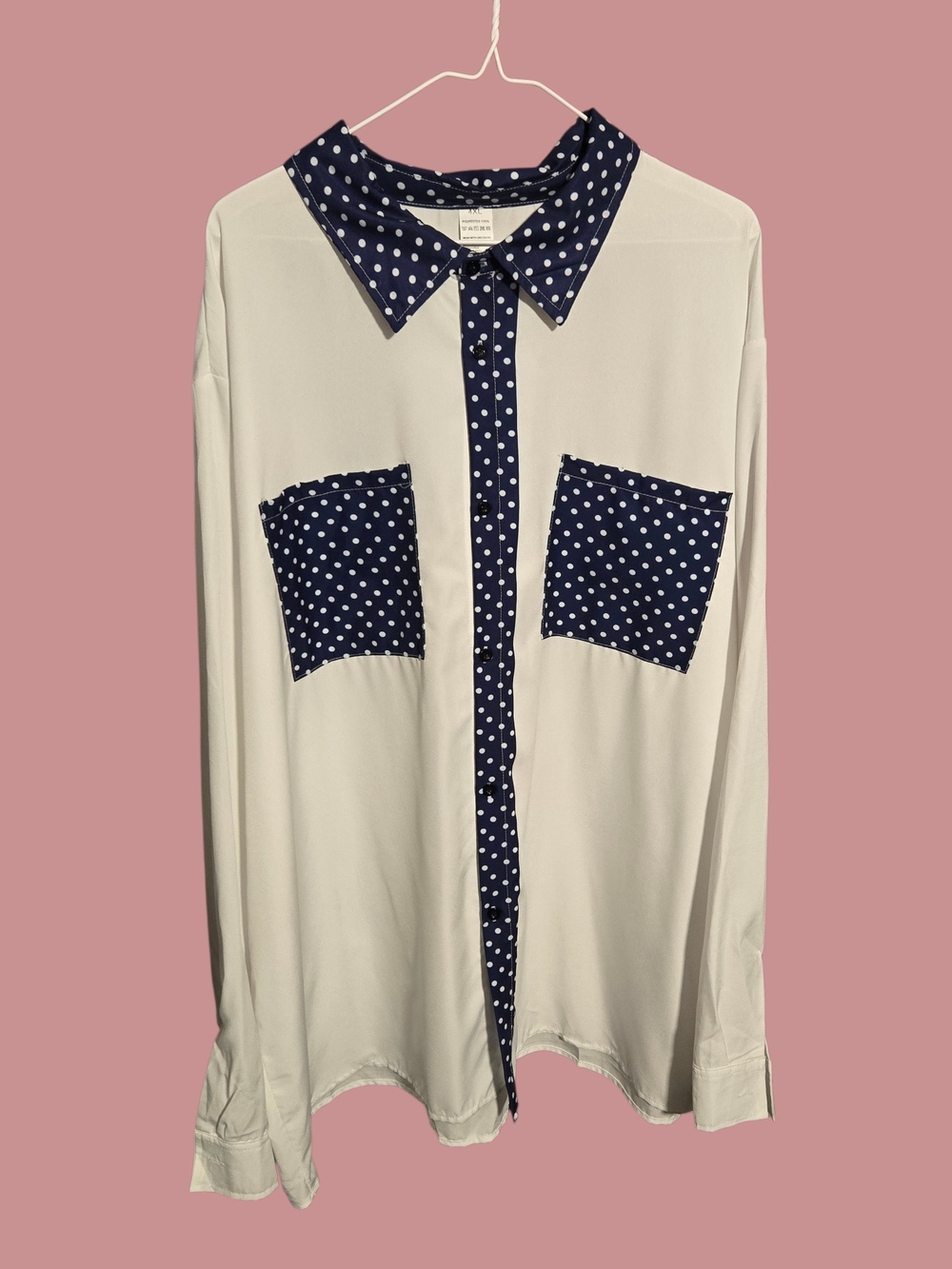 Polka Dot Trim Button-Up Blouse in Cream and Navy